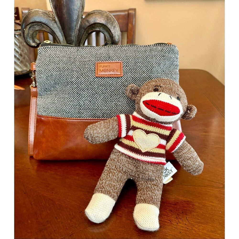 FUNKY MONKEY-"Erika" Wristlet/Cosmetic Bag in Tweed & Faux Leather/BONUS MONKEY
